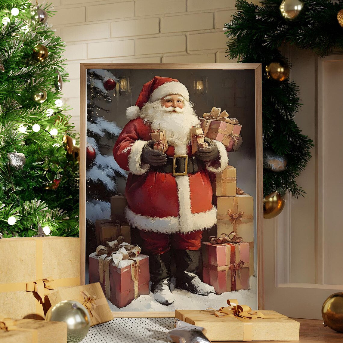 Santa Claus Holding Gifts Surrounded by Presents Christmas Poster