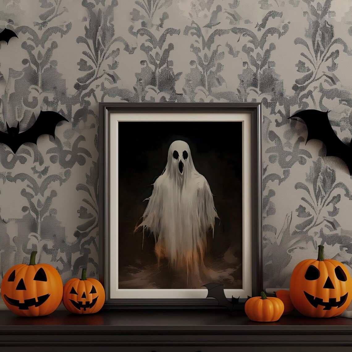 White Ghost Emerging From Darkness Spooky Vintage Halloween Poster