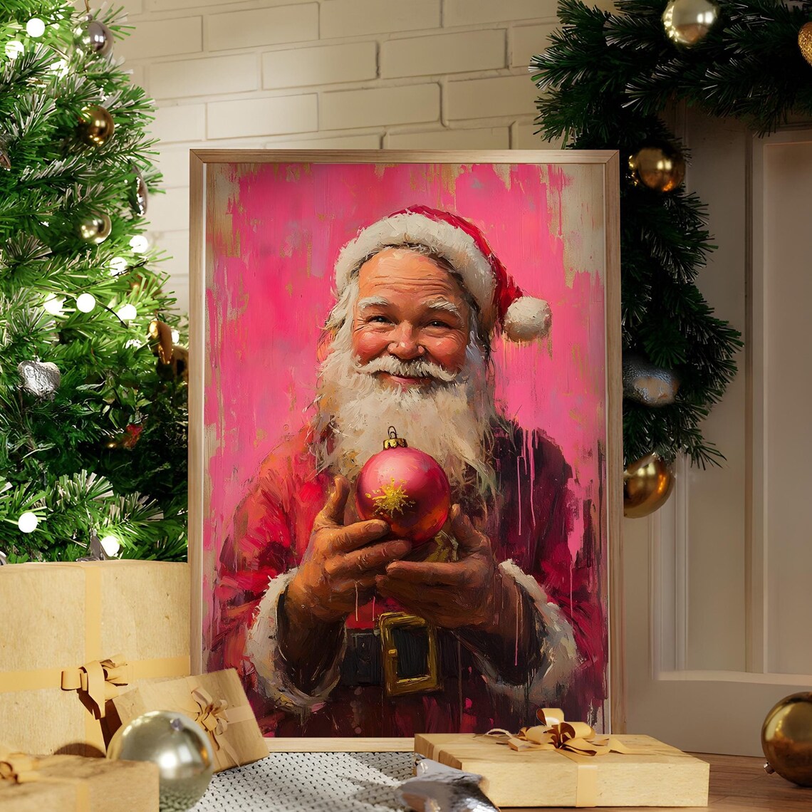 Pop Art Santa Claus Holding Ornament Pink Background Christmas Poster