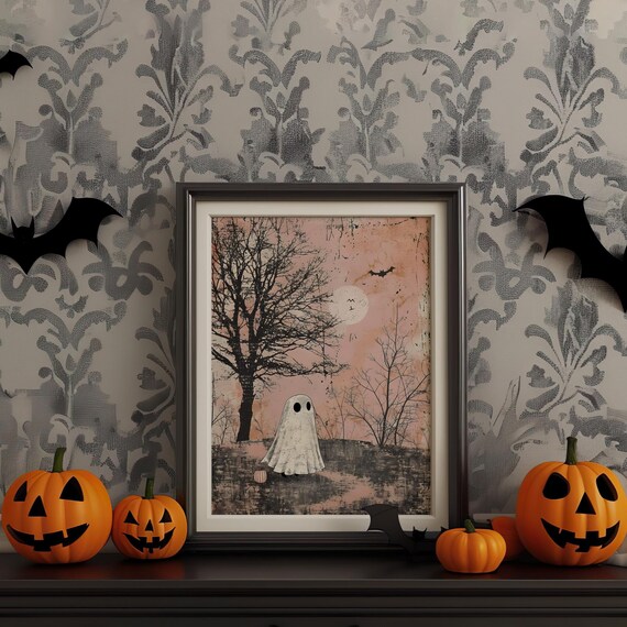 Cute Ghost Under Moon In Spooky Forest Vintage Halloween Pink Poster
