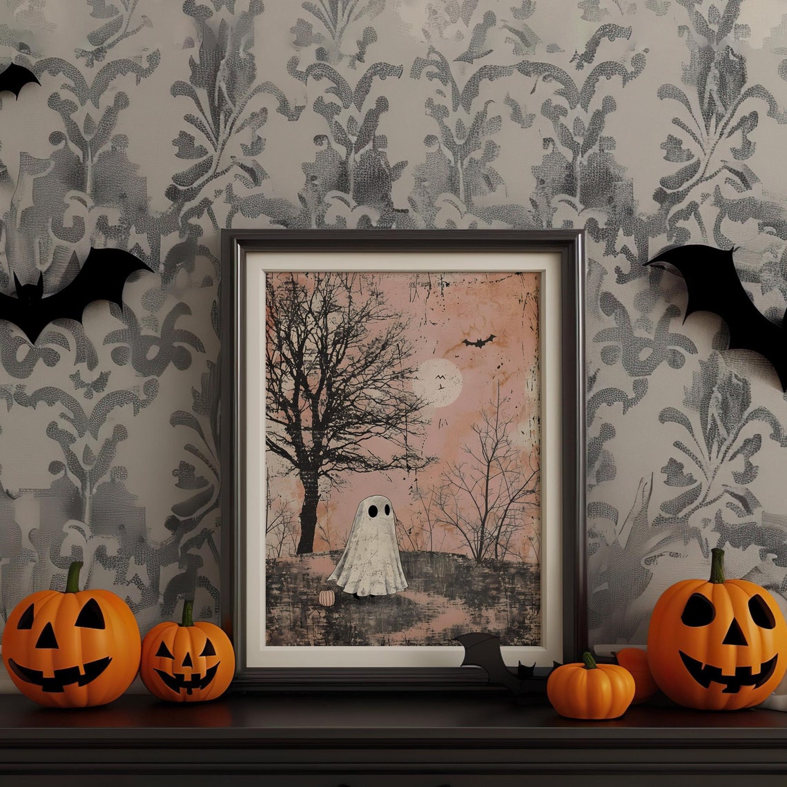 Cute Ghost Under Moon In Spooky Forest Vintage Halloween Pink Poster