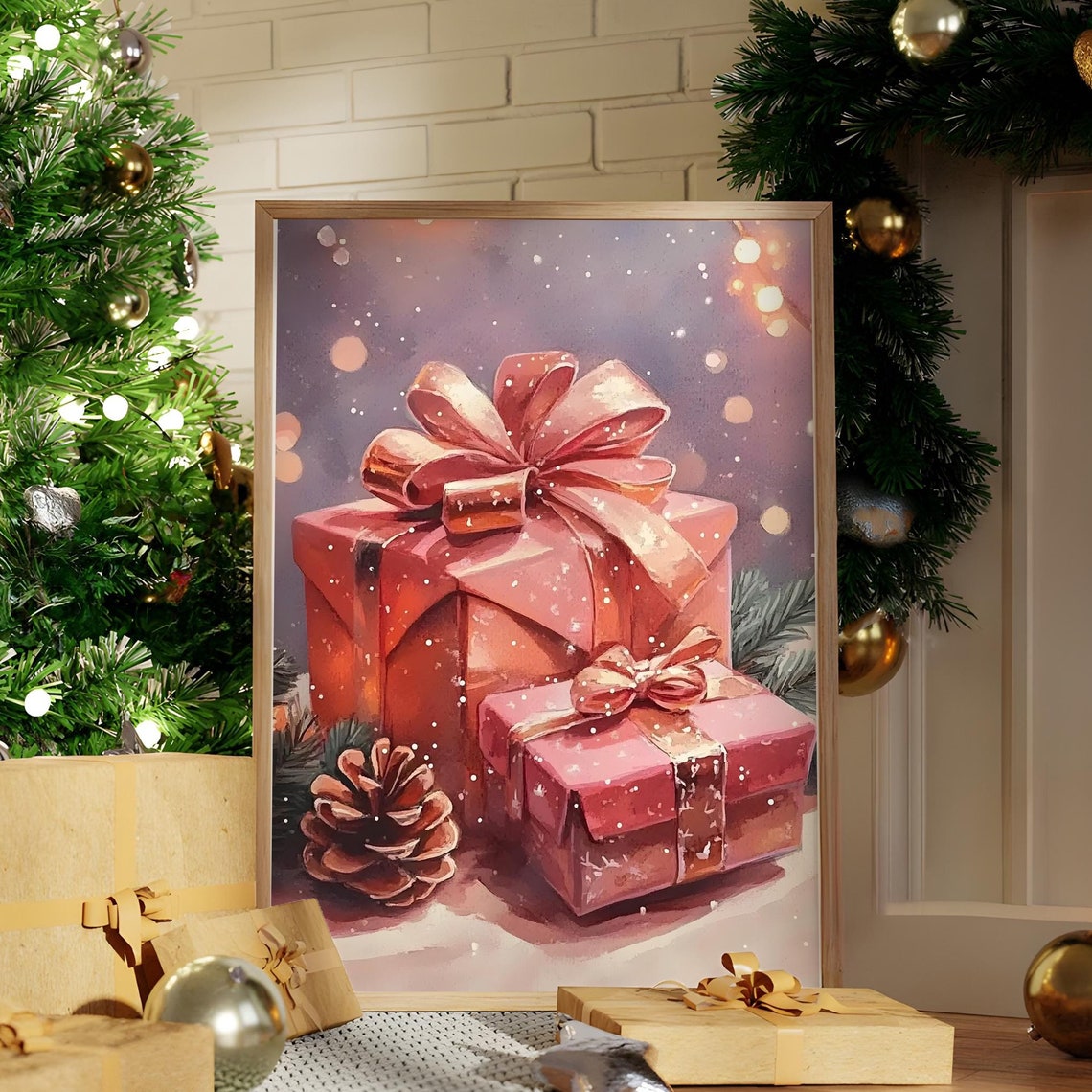 Red Christmas Gift Boxes With Bows Watercolor Holiday Poster