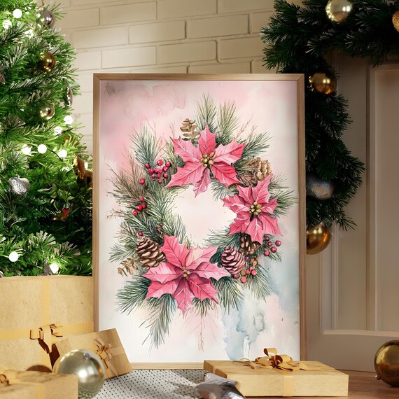Pink Poinsettia Christmas Wreath Watercolor Floral Art Poster