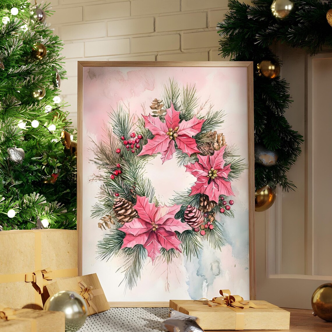 Pink Poinsettia Christmas Wreath Watercolor Floral Art Poster