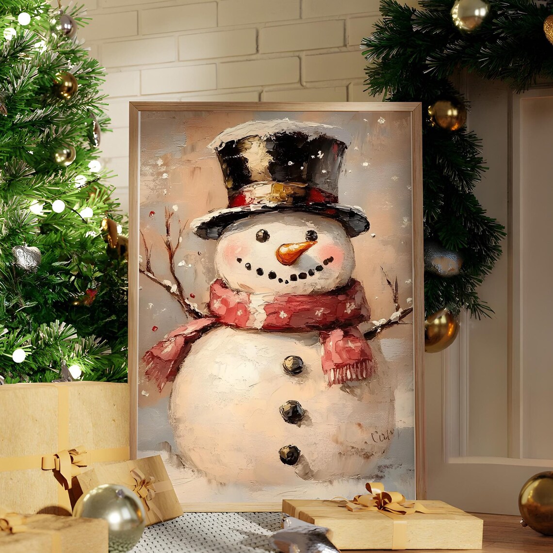 Vintage Snowman With Black Top Hat and Red Scarf Painting Poster