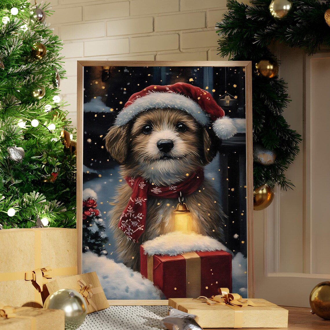 Christmas Puppy Santa Hat Lantern Gift Snowy Holiday Art Poster