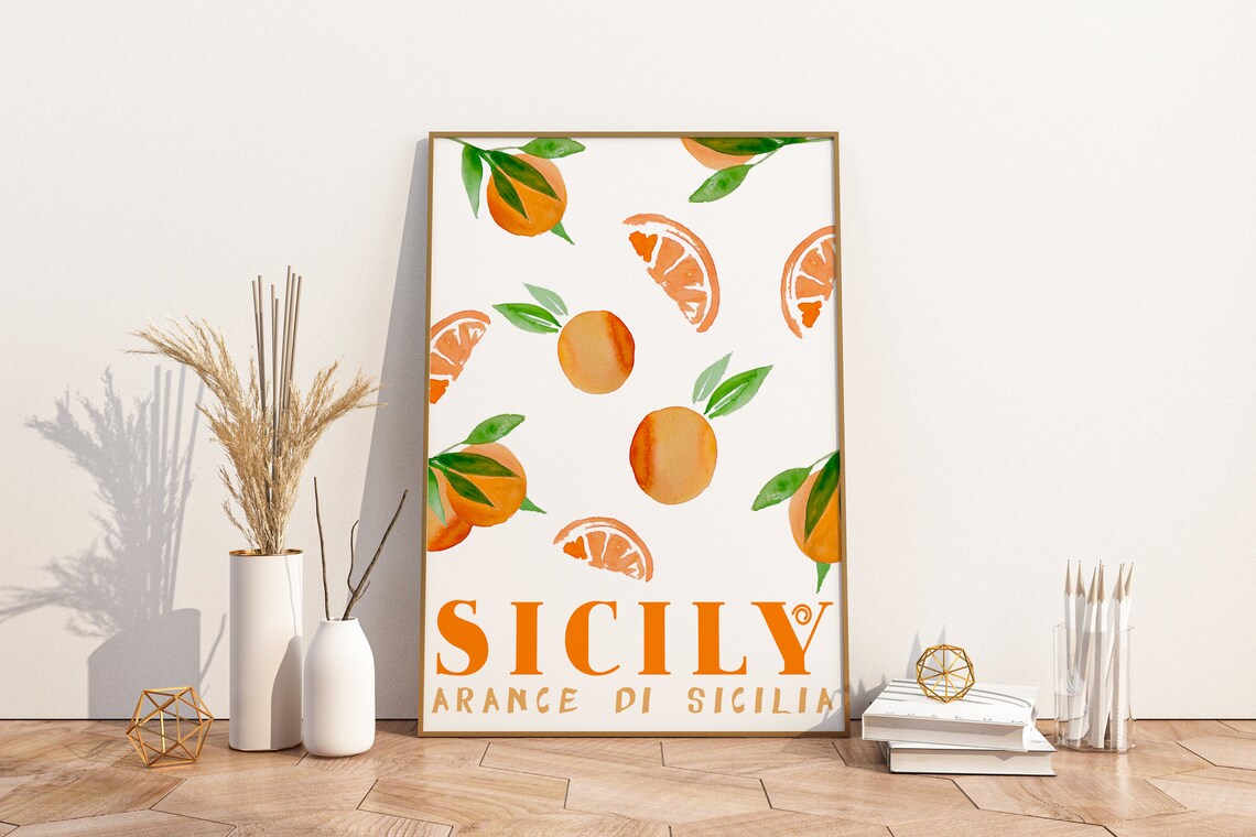 Sicily Travel Poster, Italian Sicilia Oranges