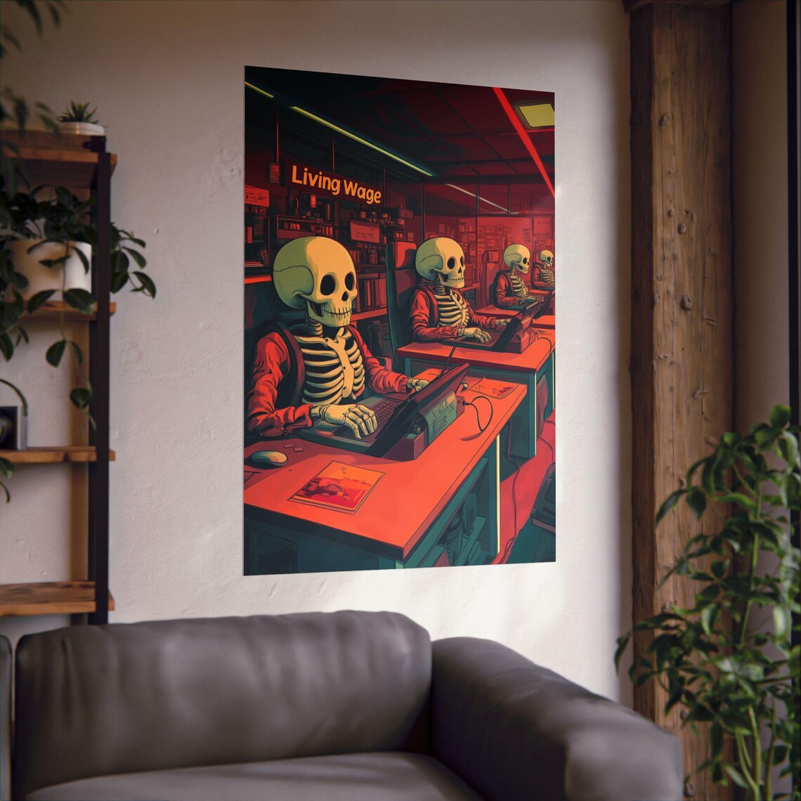 Living Wage Skeleton Office Workers Dark Humor Overwork Satire Art Poster - Image 3