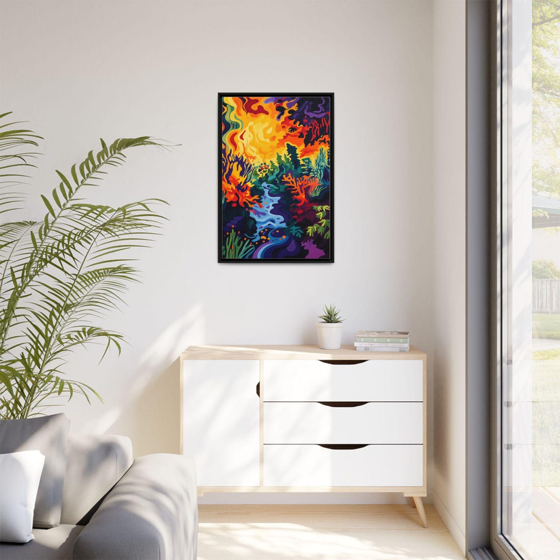 Psychedelic Forest Creek Blazing Orange Sky Abstract Nature Print - Image 2