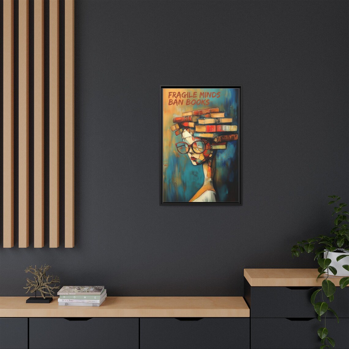 Fragile Minds Ban Books Quote Woman Carrying Books Library Art Poster - Image 2