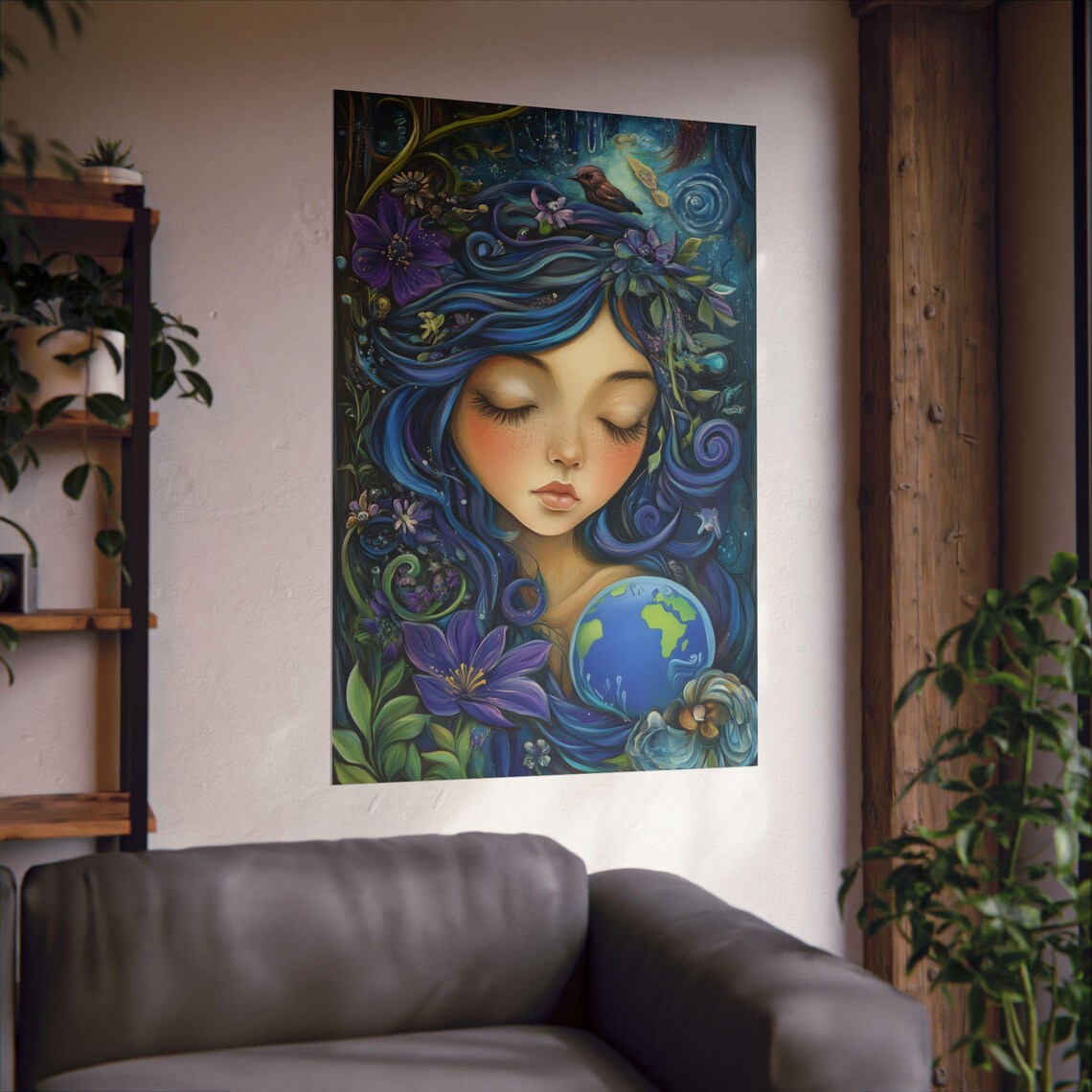 Earth Mother Nature Girl with Globe Floral Environmental Poster - Image 2
