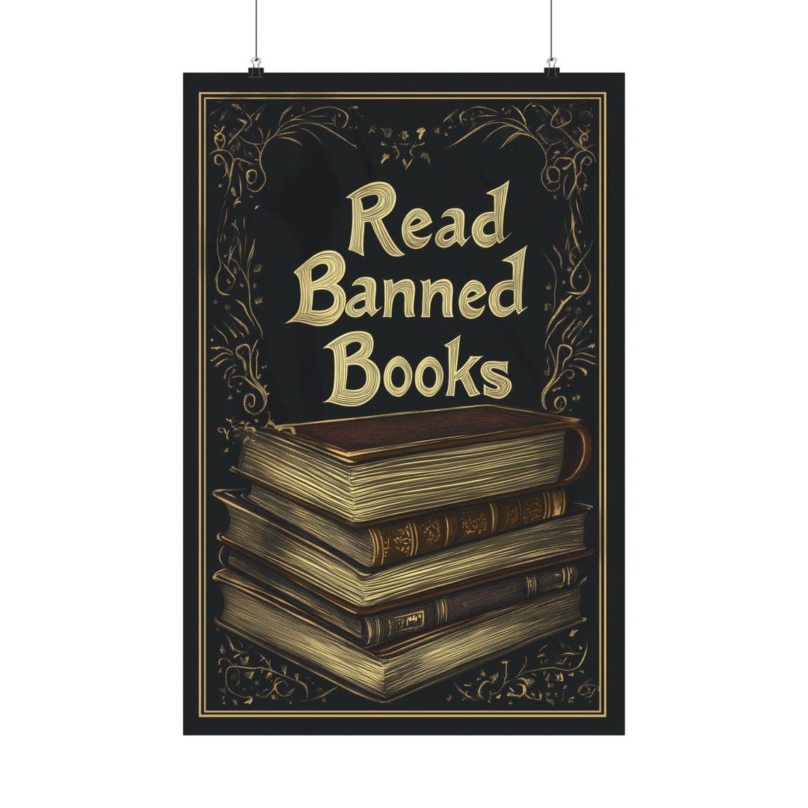 Read Banned Books Vintage Book Stack Black Gold Library Art Poster