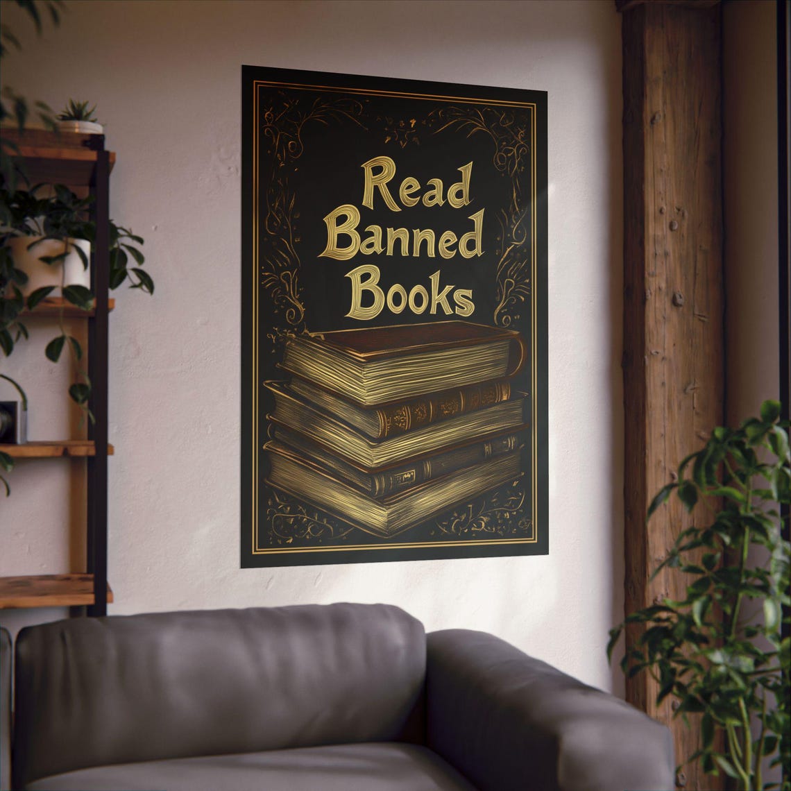 Read Banned Books Vintage Book Stack Black Gold Library Art Poster - Image 3
