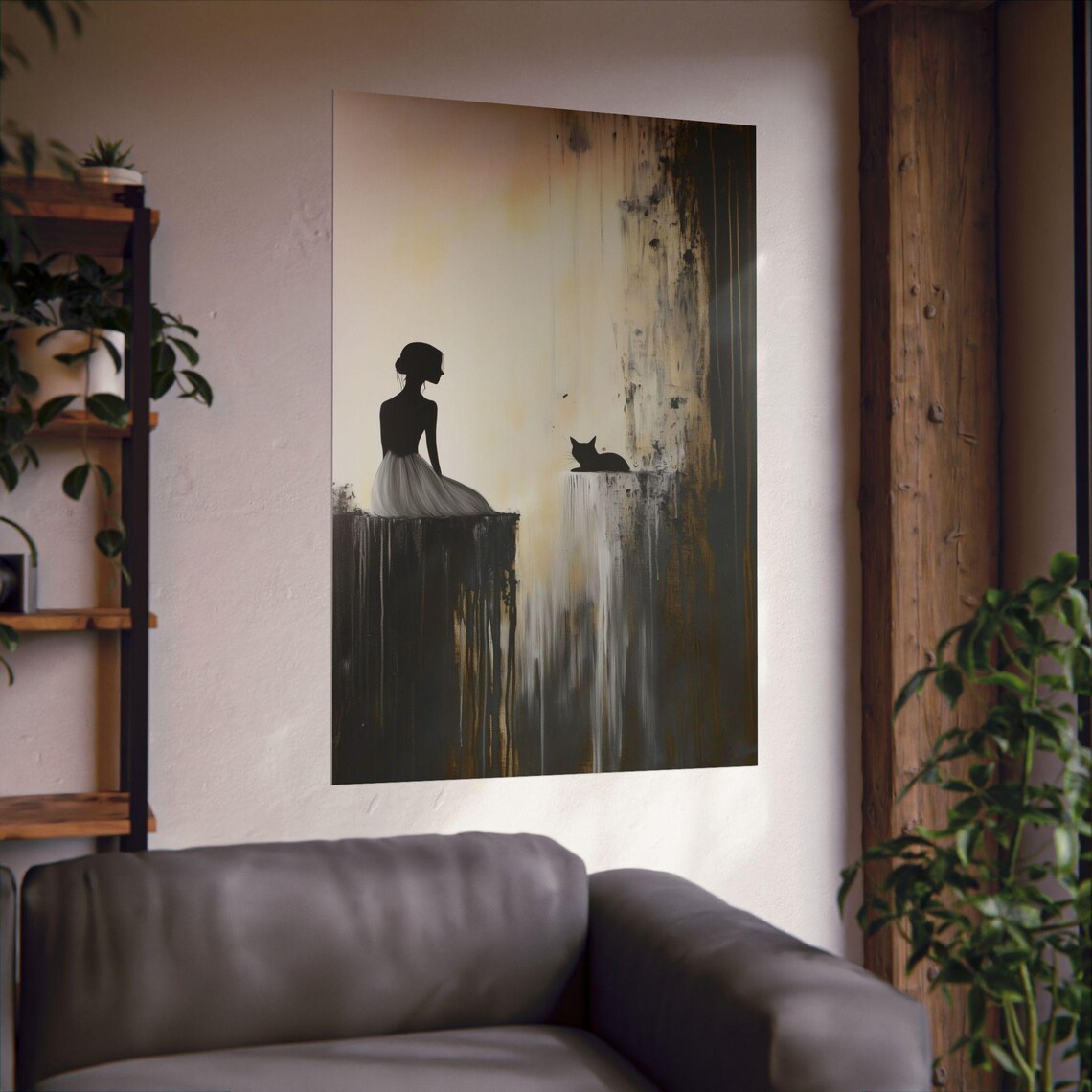 Woman Black Cat Silhouette Abstract Beige Minimal Art Poster - Image 2