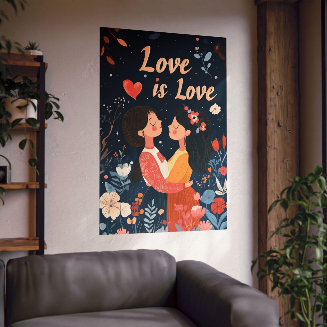 Love Is Love Lesbian Couple Floral Starry Night Embrace Poster - Image 3