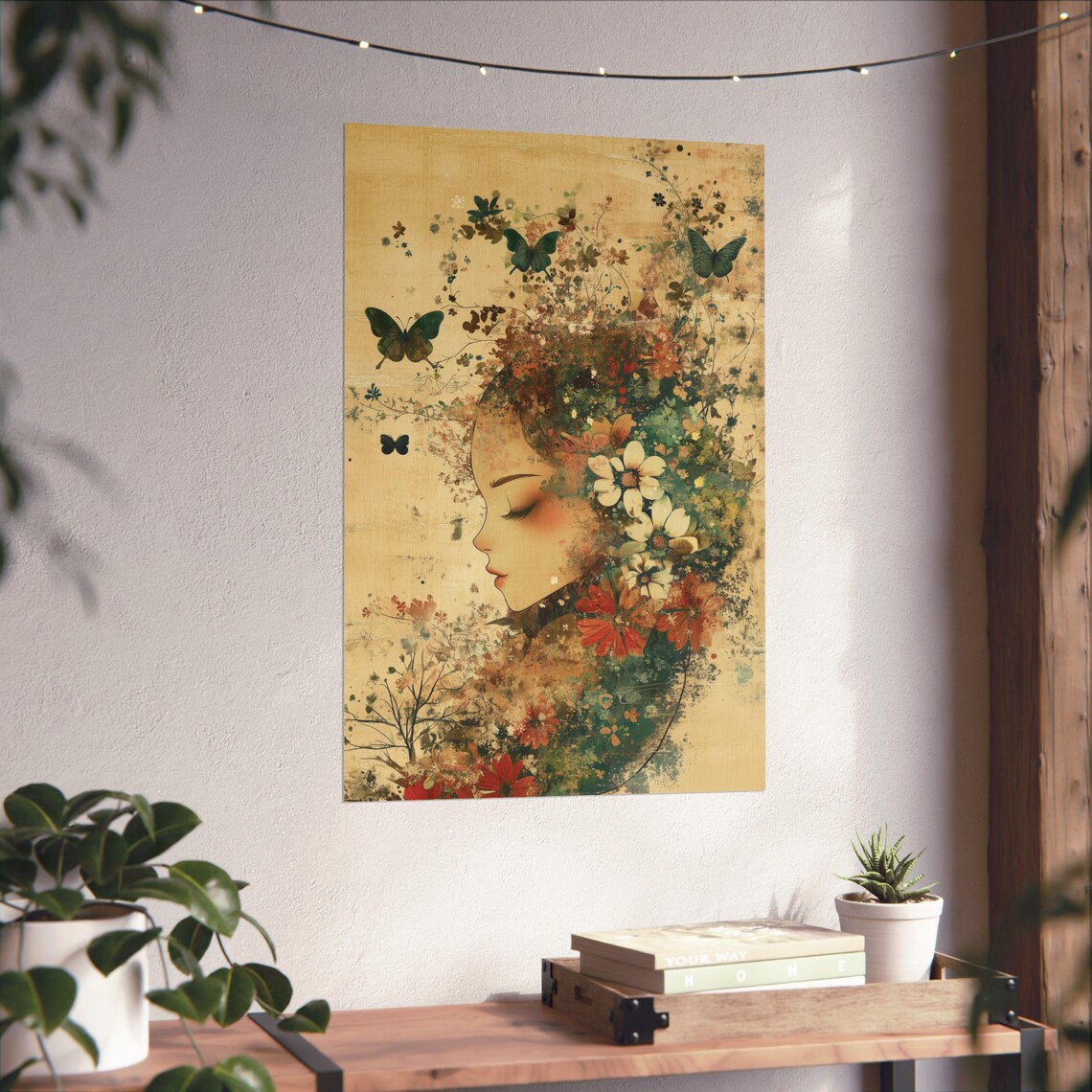 Woman Profile Blooming Flowers Butterflies Vintage Art Poster - Image 4