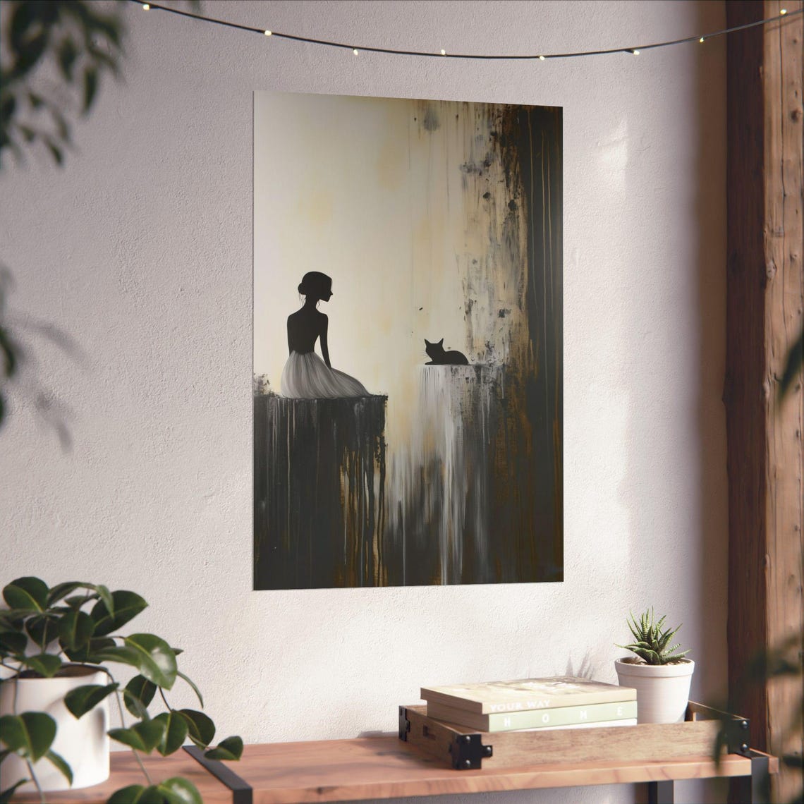 Woman Black Cat Silhouette Abstract Beige Minimal Art Poster - Image 4