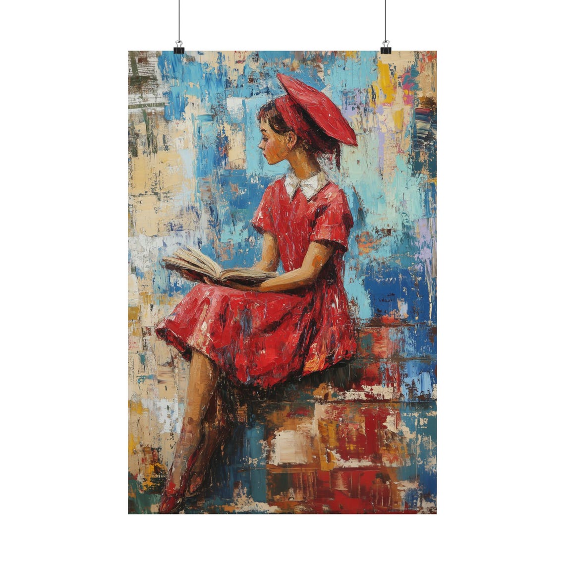 Beautiful Girl In Red Dress Reading Book Impressionist Art Poster