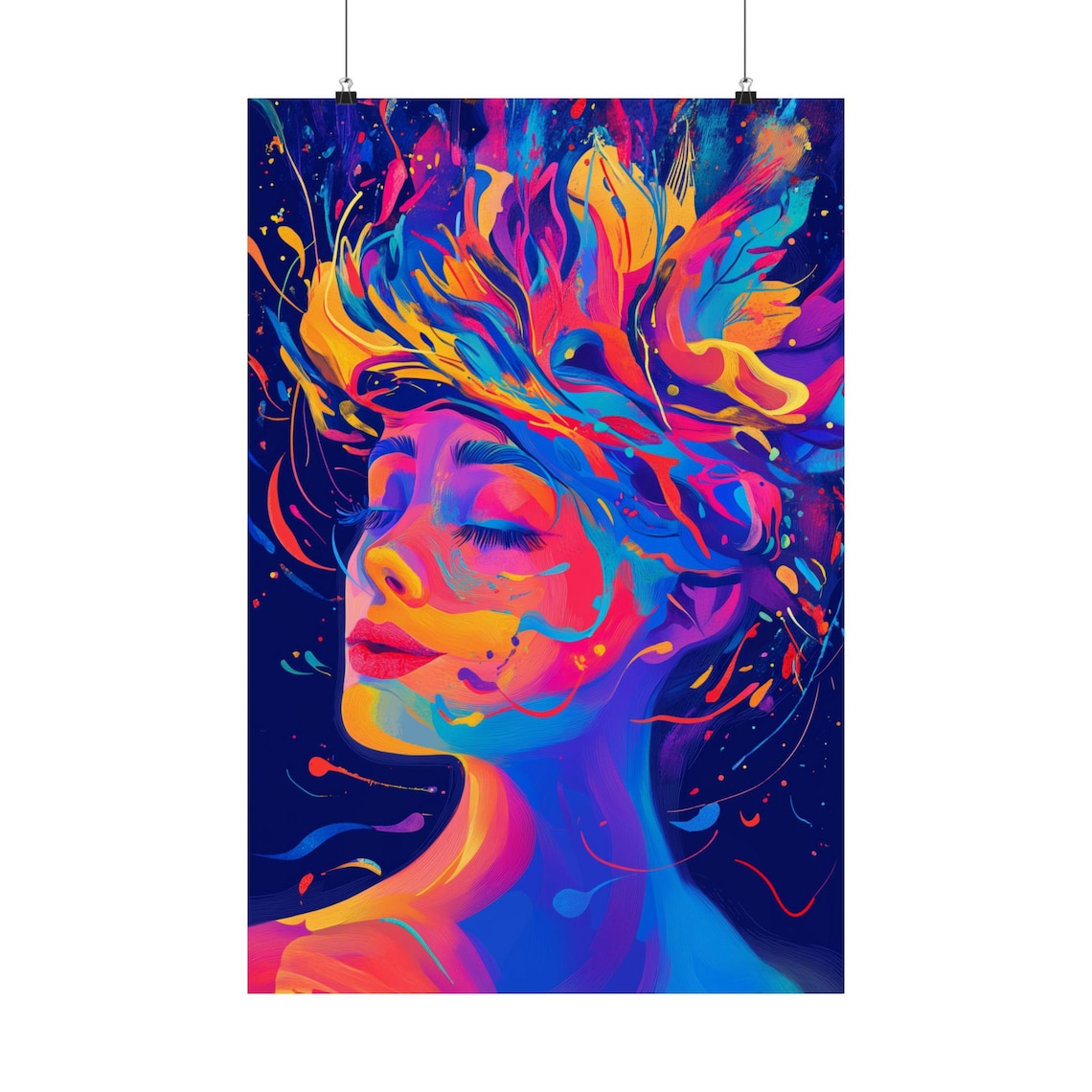 Neon Pop Art Woman Portrait With Explosive Rainbow Hair Poster
