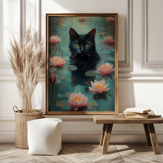 Black Cat Gliding In Waterlily Pond Monet Style Dreamy Art Poster