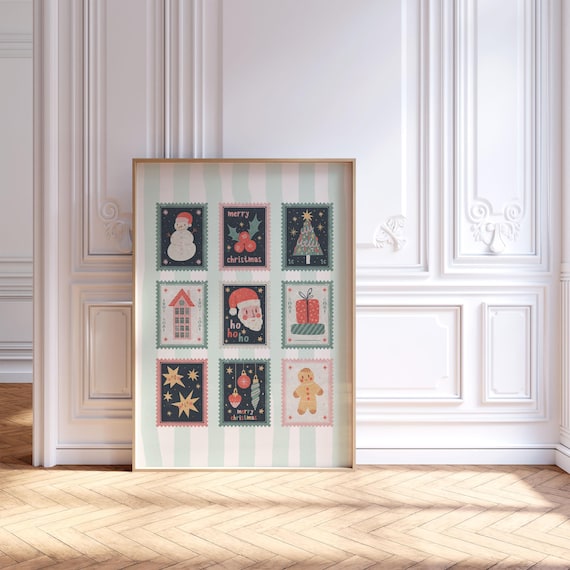 Retro Christmas Stamps Holiday Collage Vintage Winter Wall Art