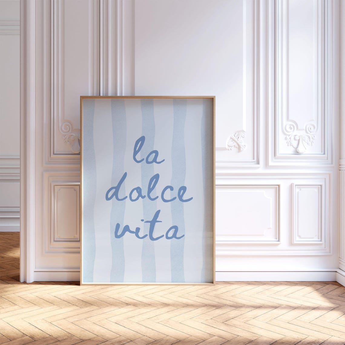 La Dolce Vita Blue Script Striped Coastal Italian Style Poster