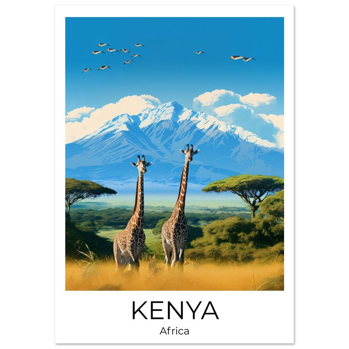 Kenya Africa Two Giraffes on Golden Savanna With Mountain Poster - Image 2