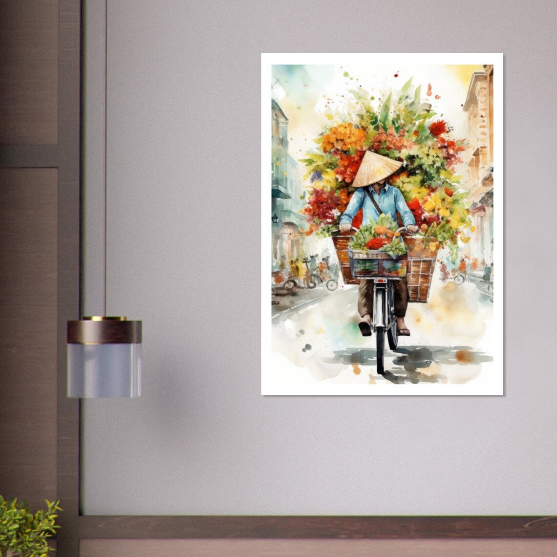 Hanoi Flower Bike Vendor Old Quarter Watercolor Street Scene Poster - Image 2