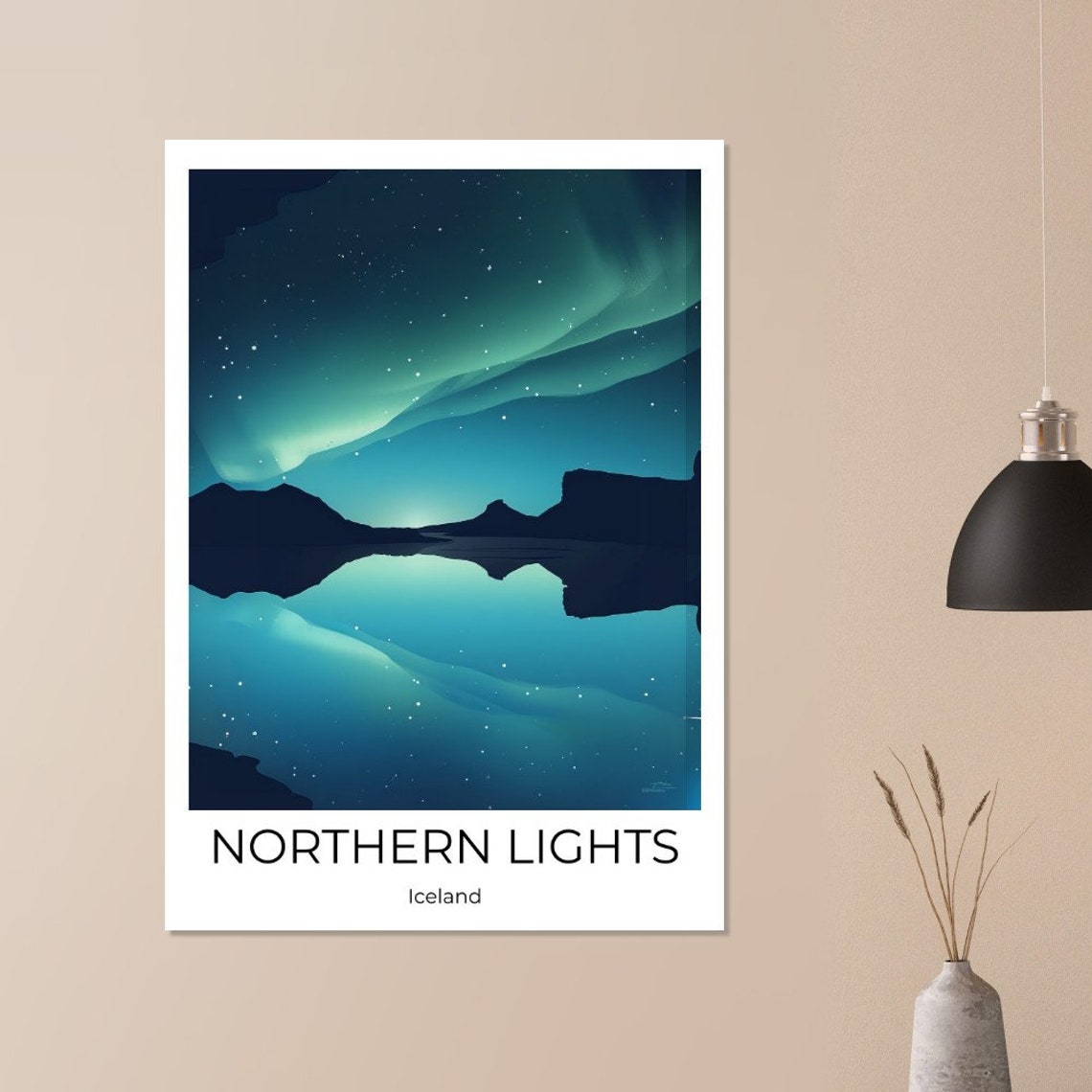 Northern Lights Iceland Green Aurora Fjord Reflection Night Poster - Image 2