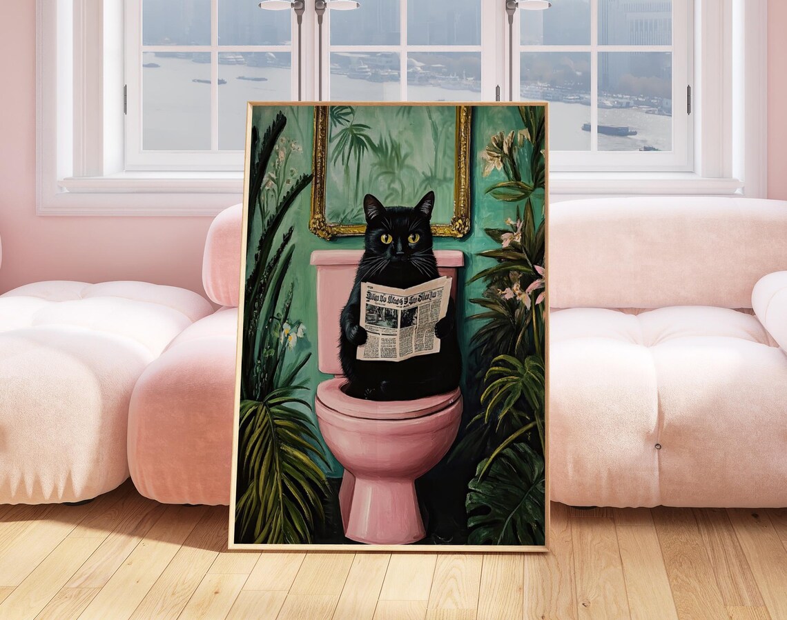 Black Cat Reading Newspaper on Pink Toilet Funny Bathroom Poster - Image 5