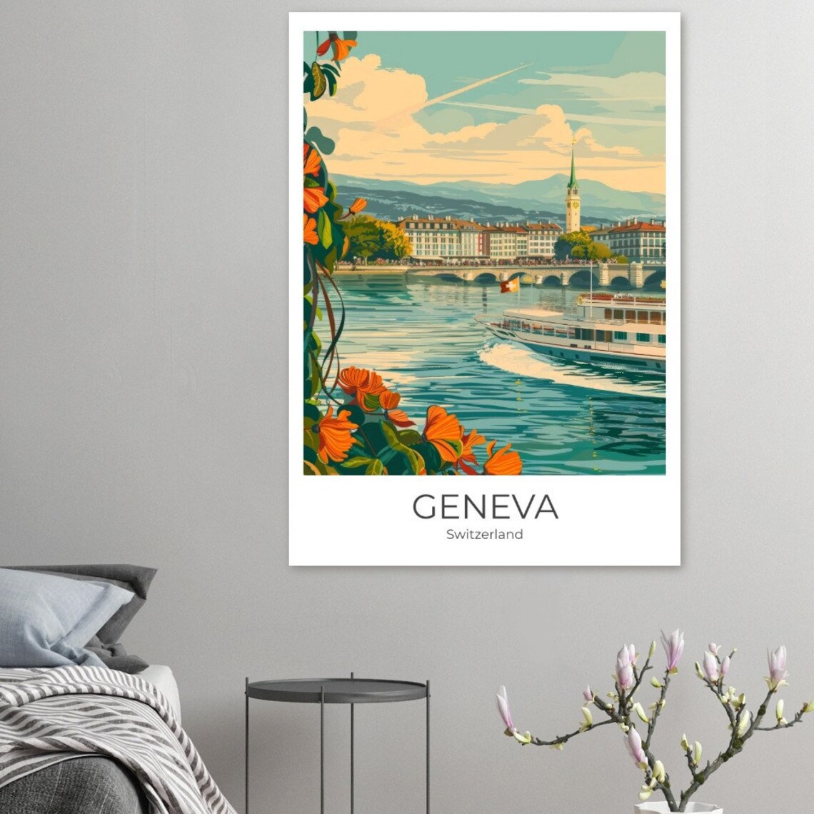 Geneva Lake Paddle Steamer Bridge Vintage Switzerland Travel Poster - Image 2