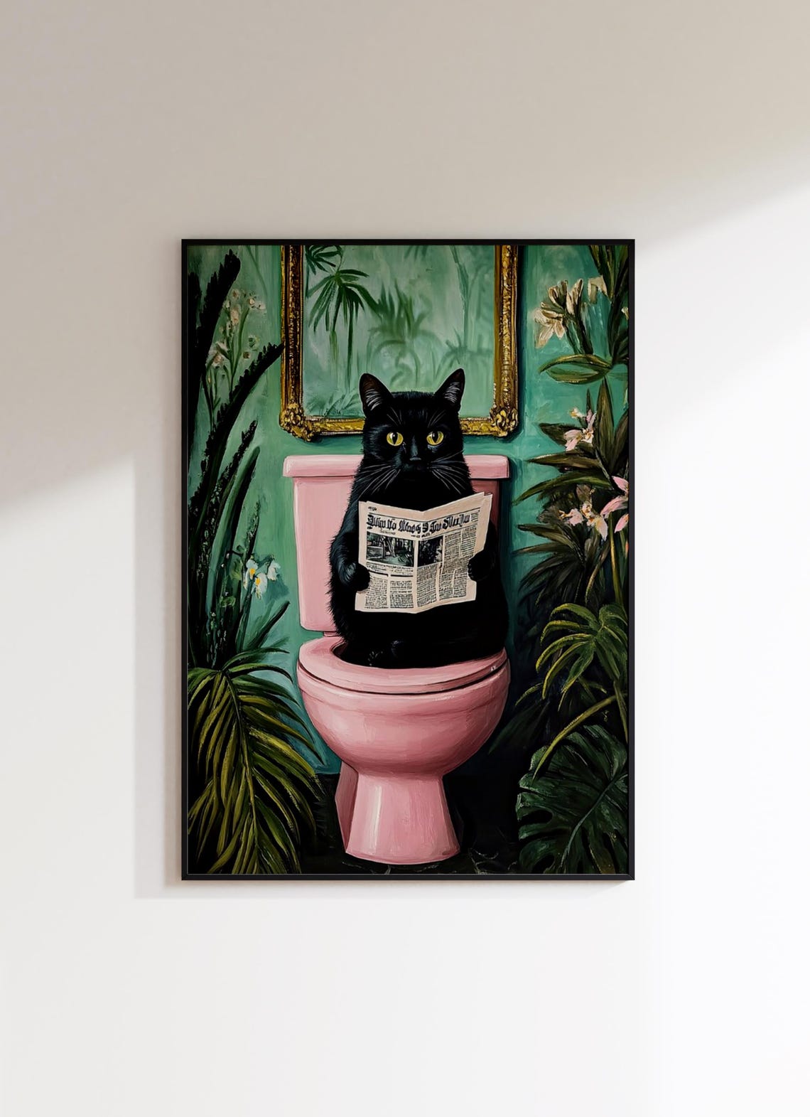 Black Cat Reading Newspaper on Pink Toilet Funny Bathroom Poster - Image 3