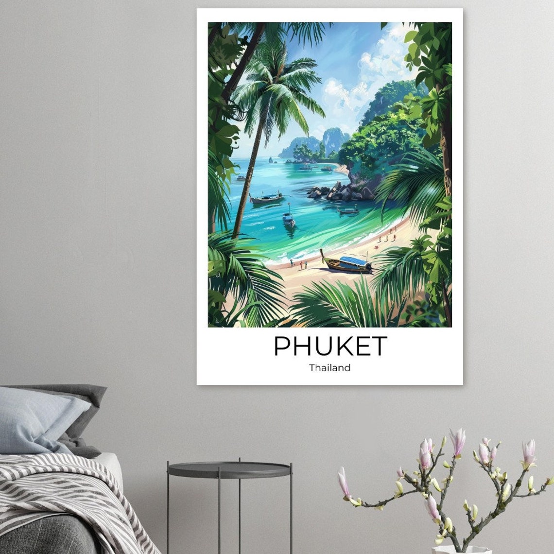 Phuket Thailand Tropical Bay Longtail Boats Palm Trees Poster - Image 3