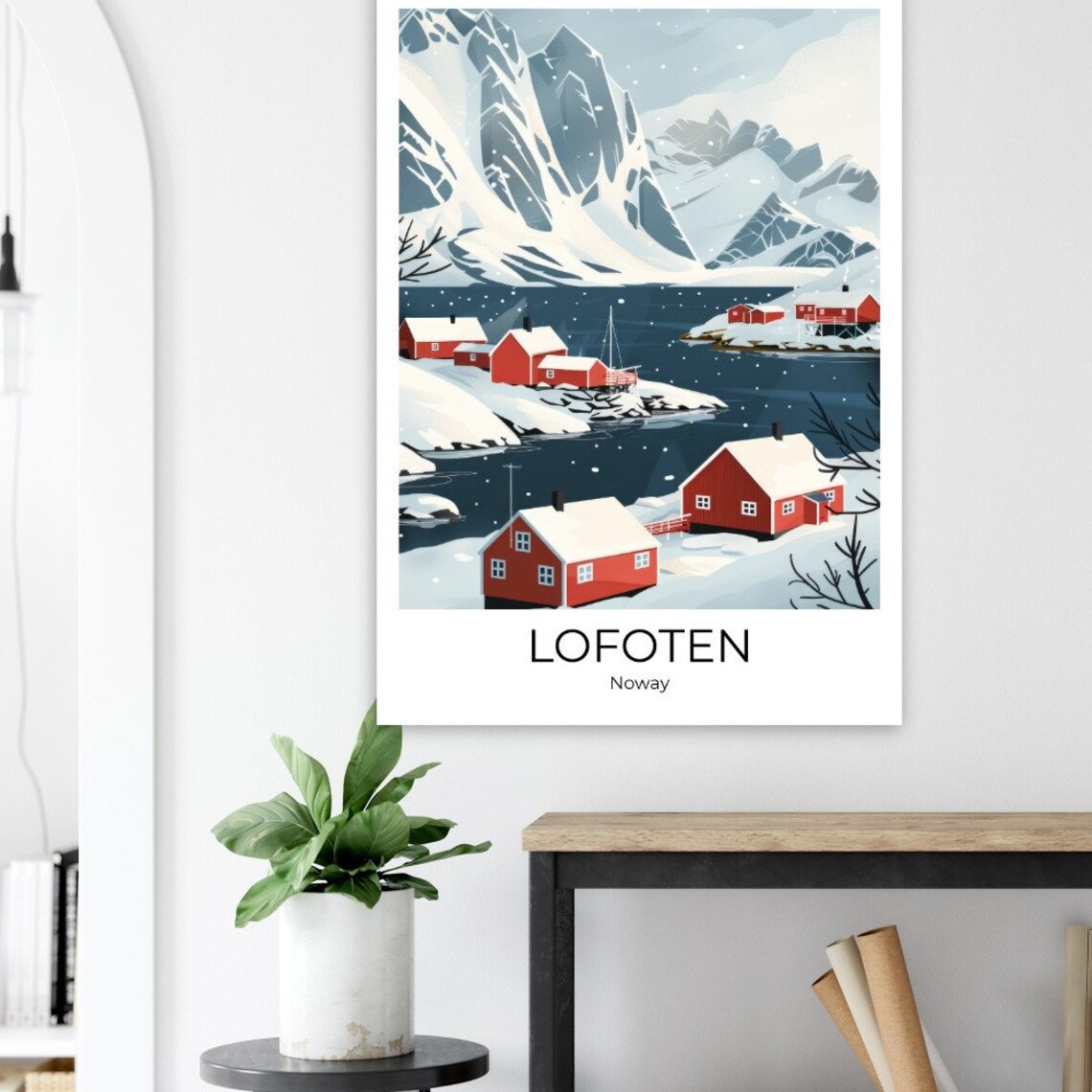 Lofoten Norway Red Fishing Cabins Snowy Fjord Islands Travel Poster - Image 3