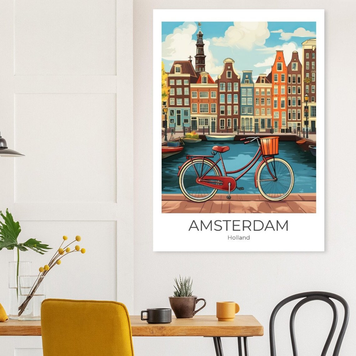 Amsterdam Holland Red Bicycle on Canal With Gabled Houses Poster - Image 3