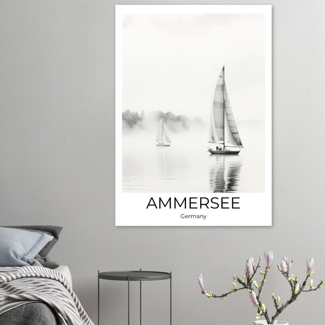 Ammersee Germany Misty Lake With Sailboats in Black and White Poster - Image 3