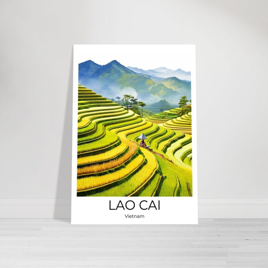 Lao Cai Vietnam Rice Terraces Farmer Golden Fields Travel Poster