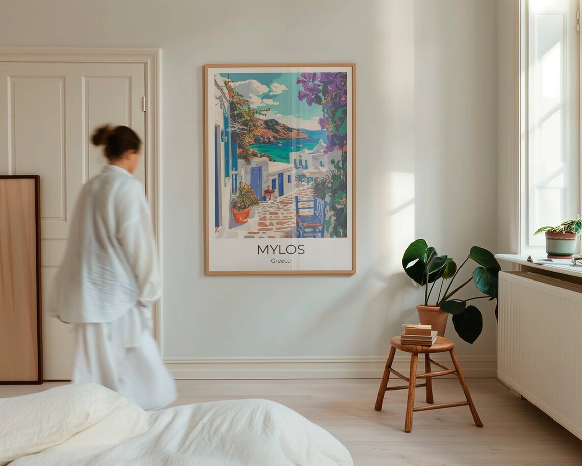 Mylos Greece White Village Blue Doors Bay Coast Travel Poster - Image 4