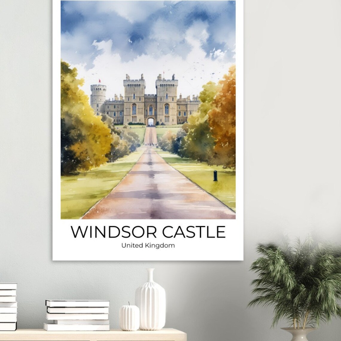 Windsor Castle Long Walk Autumn Trees Watercolor UK Travel Poster - Image 3