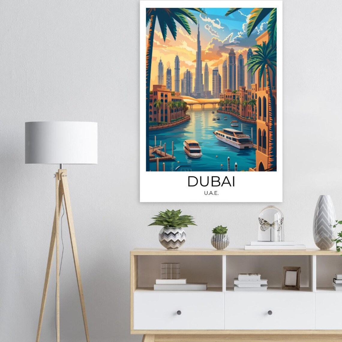 Dubai UAE Burj Khalifa Marina Boats Palm Illustration Travel Poster - Image 4