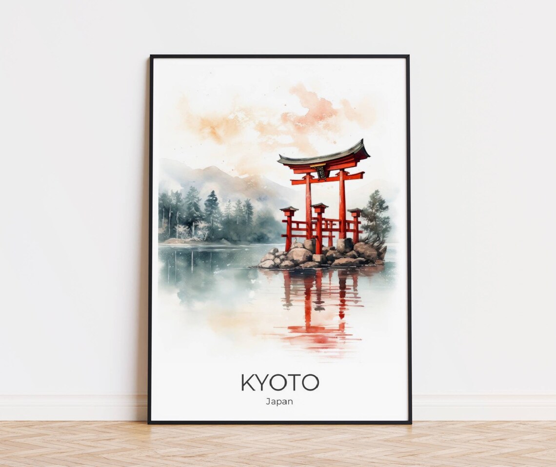 Kyoto Red Torii Gate on Water Misty Mountain Japan Travel Poster