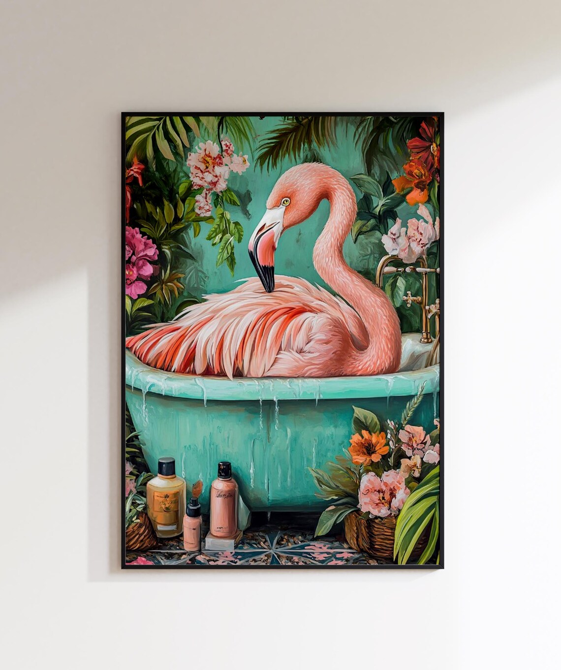 Pink Flamingo Bathtub Poster Tropical Bird Bathroom Funny Jungle - Image 2