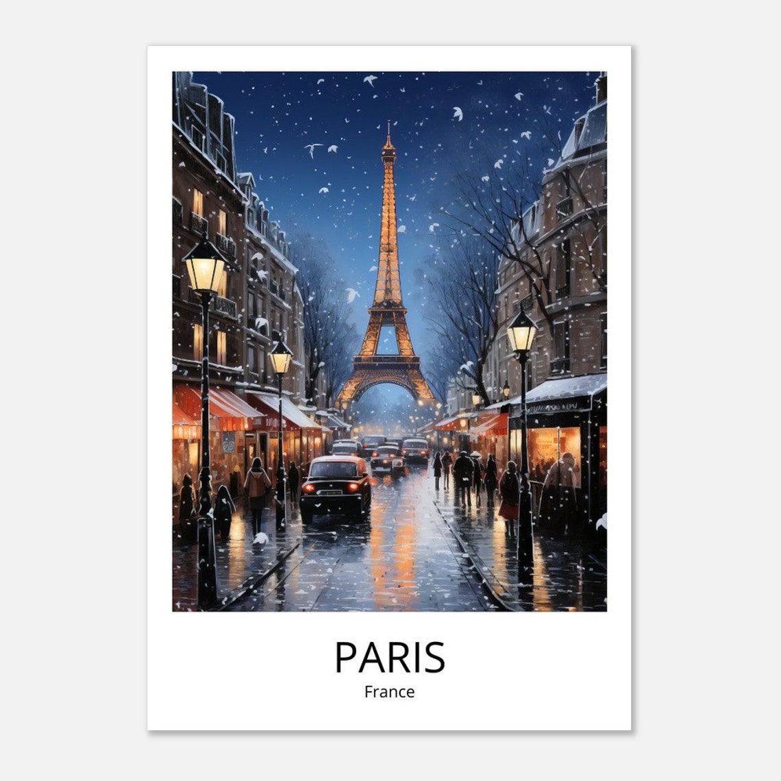 Paris Eiffel Tower Snowy Night Street Lamp Glow Illustration Poster