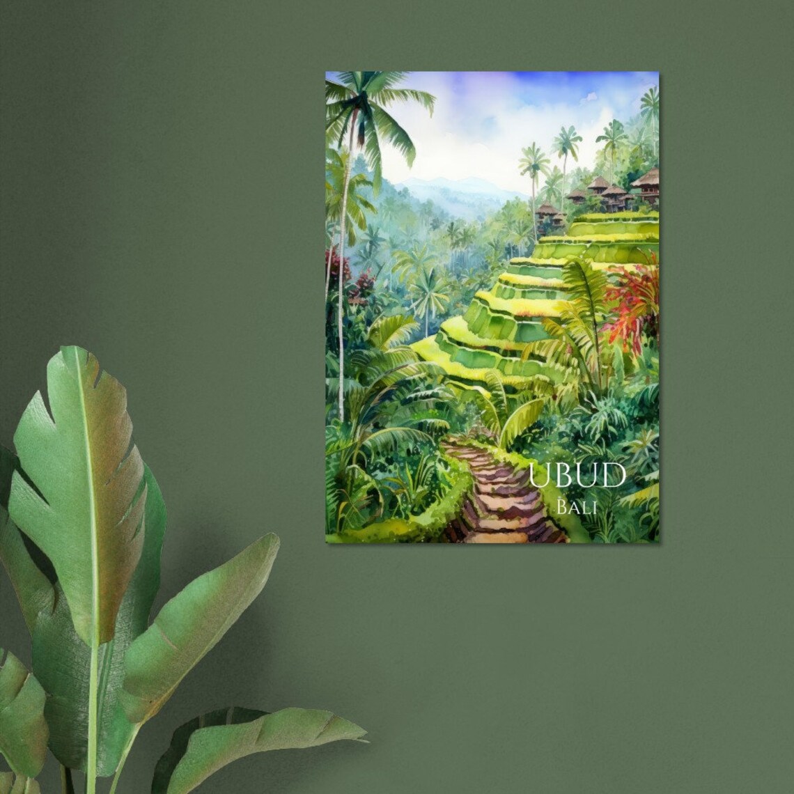 Ubud Bali Watercolor Rice Terraces Jungle Palms Tropical Oasis Poster - Image 2