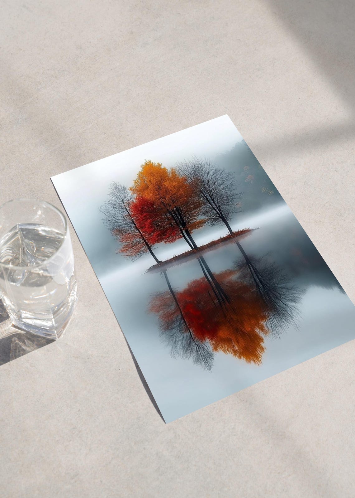 Fiery Autumn Trees Poster Misty Lake Mirror Reflection Fall Foliage - Image 2