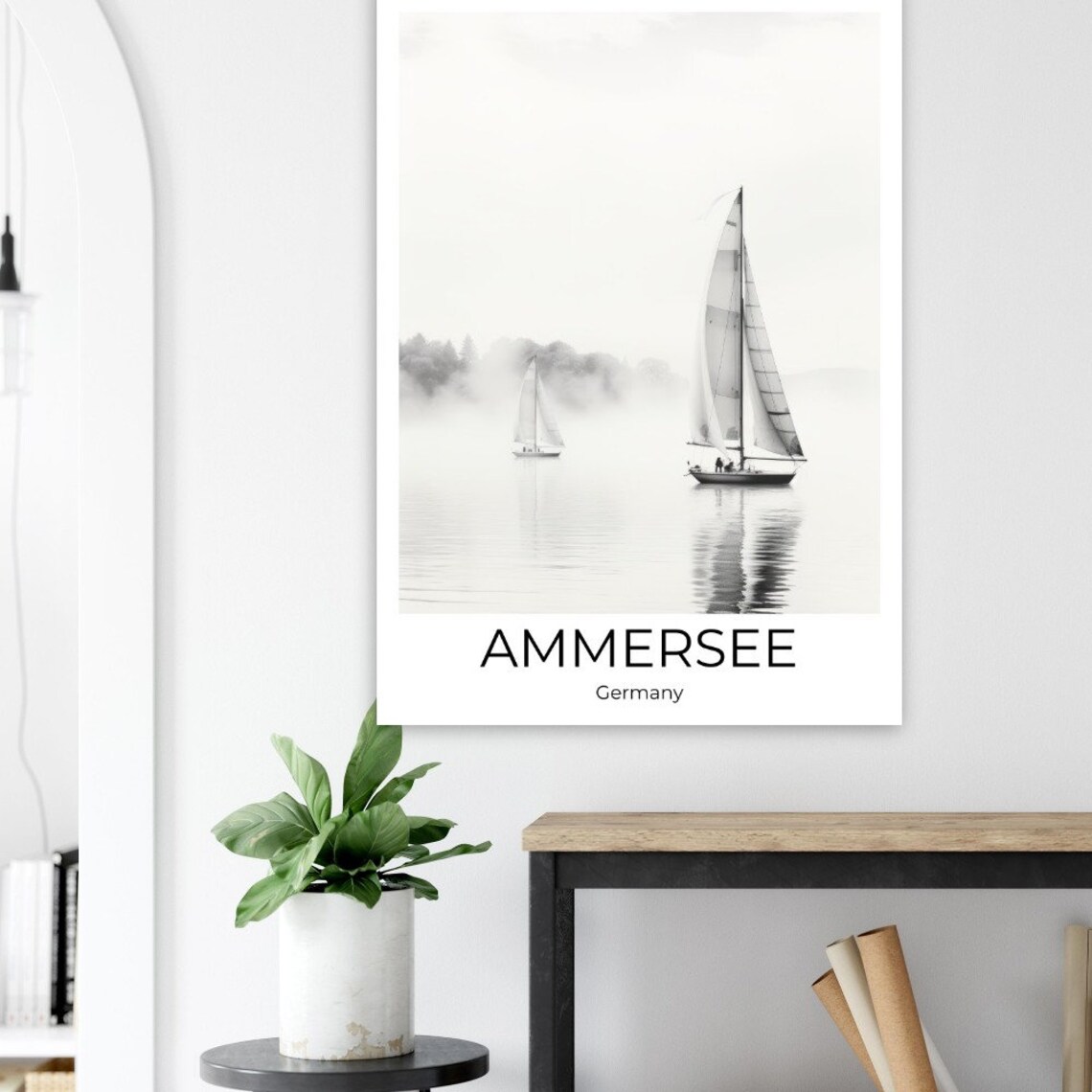 Ammersee Germany Misty Lake With Sailboats in Black and White Poster - Image 2