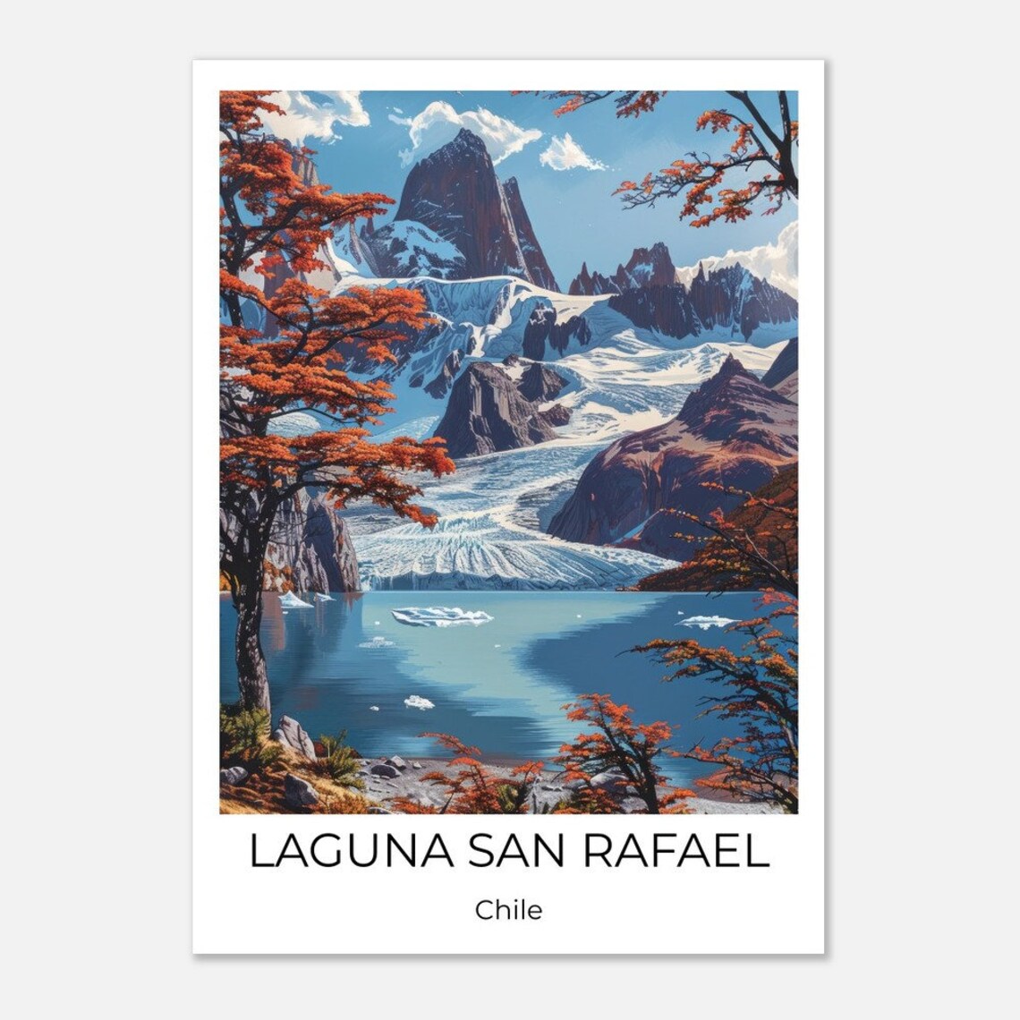Laguna San Rafael Chile Glacier Red Autumn Trees Scene Poster