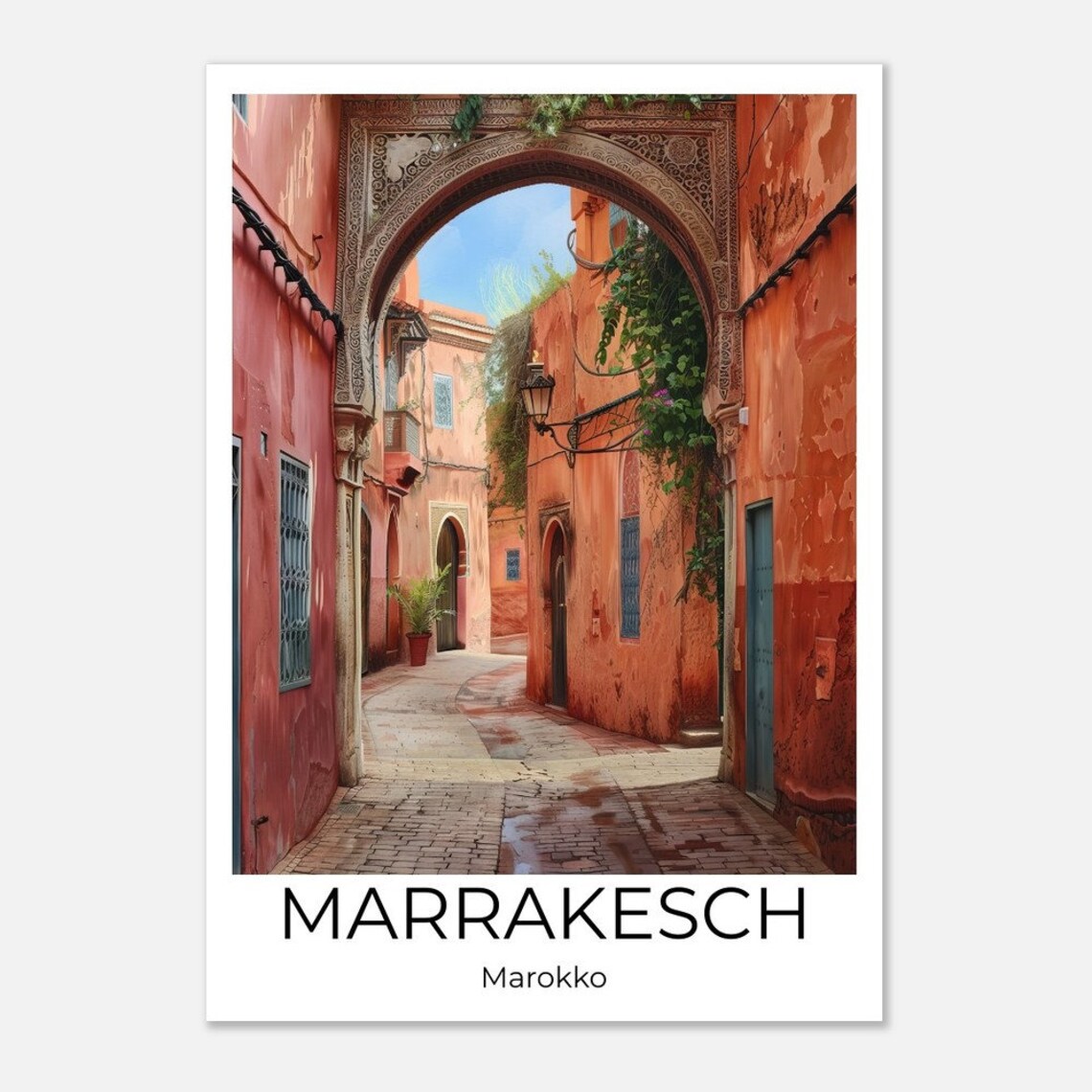 Marrakech Medina Alley Travel Poster Morocco Red Walls Archway Art - Image 2