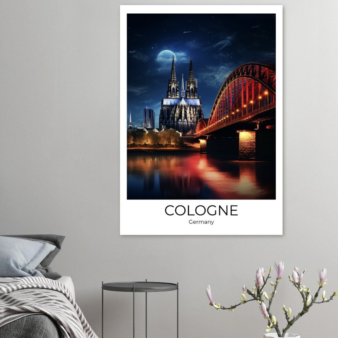 Cologne Cathedral Night Rhine Bridge Moon Germany Travel Poster - Image 4
