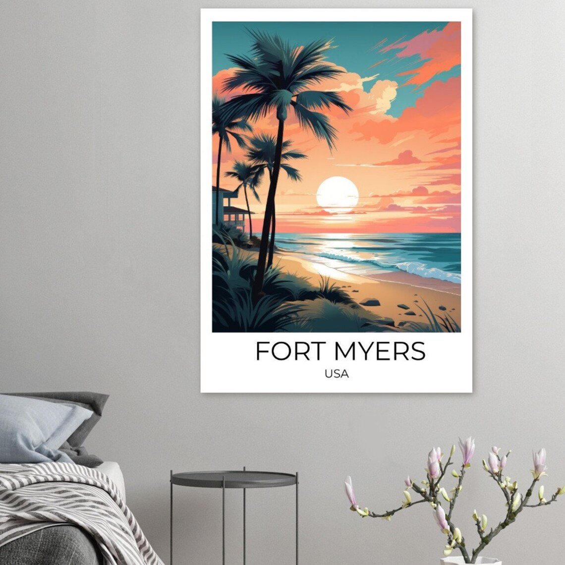 Fort Myers Beach Sunset Palms Vintage Florida Travel Art Poster - Image 3